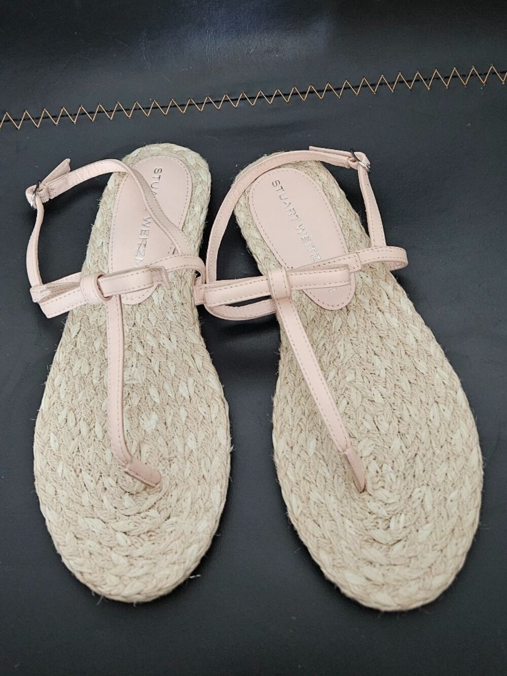 Stuart Weitzman Pink Raffia Espadrille Thong Sandals Ankle Tie Bow Size 7.5